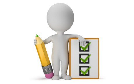 3d small person with clipboard and pencil. 3d image. Isolated white background.